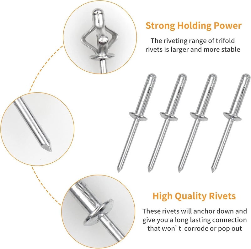ALLCLEAN 1/4"x1-3/16" Tri-Fold Rivets Assortment - 25Pcs,Silver Tri-fold Exploding Pop Rivets Solid Aluminum Tri Grip Rivets Bulb Style Rivets for Kayak Marine Boat - Image 3